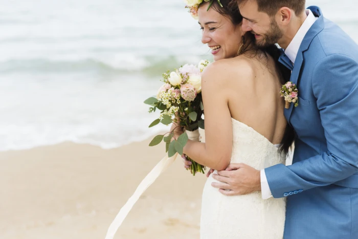 Man Hugging Woman Near Seashore affection beach beautiful 2k 4k 5k