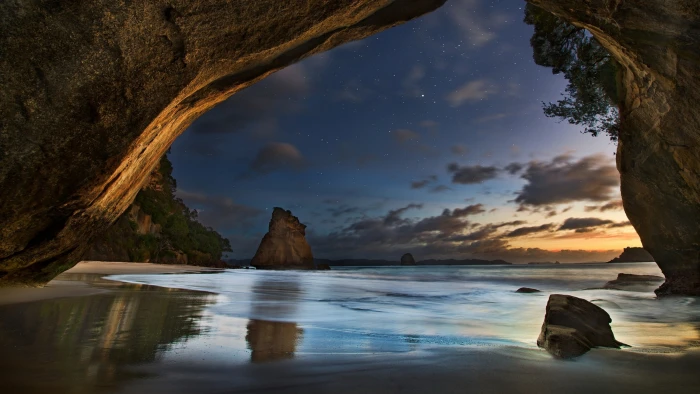ocean seascape cave cove beach whanganui a hei marine reserve 2k 4k