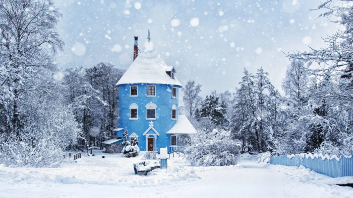 photo of blue house covered with snow white winter snowing 2k