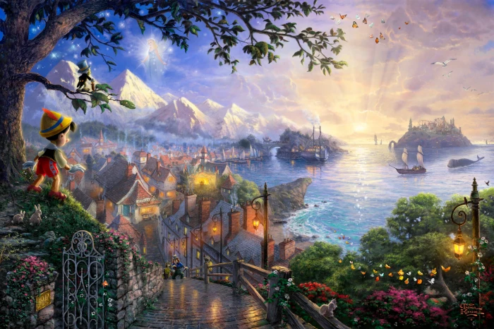 Pinocchio under tree painting sea trees butterfly sunset 2k