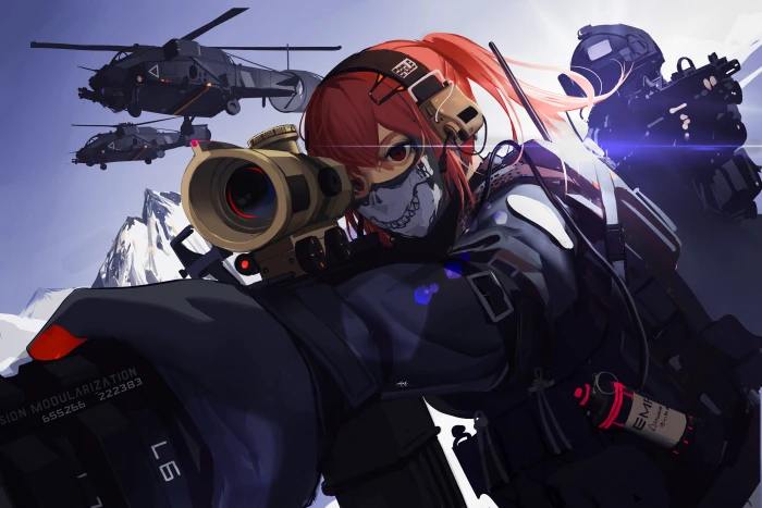 red haired anime woman character military weapon soldier girls 2k 4k 5k