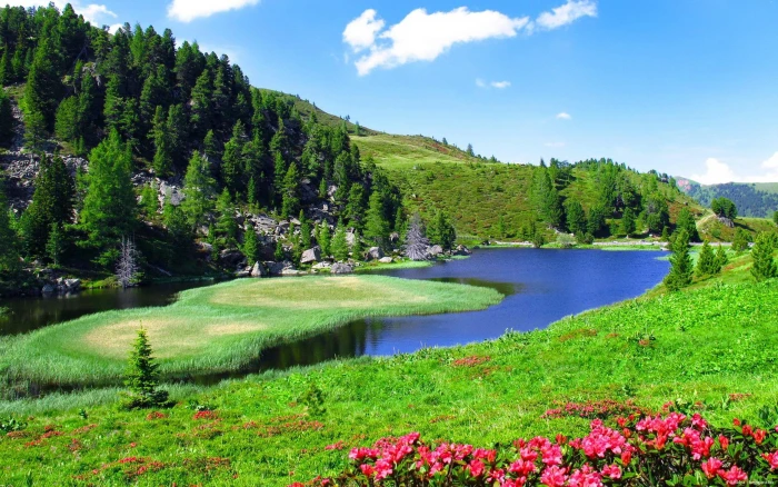 Spring Landscape Slope Sky Nature River Hd Wallpaper 2k