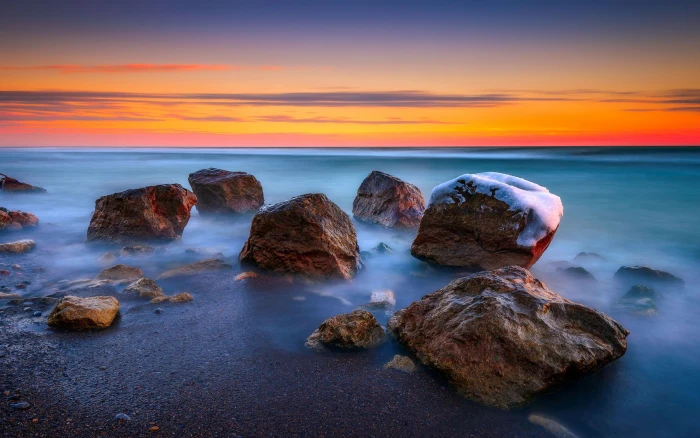 Squires Beach Ontario Canada Sunset In Winter Stones Ocean Horizon Red Sky Clouds Desktop Hd Wallpapers 2k 4k
