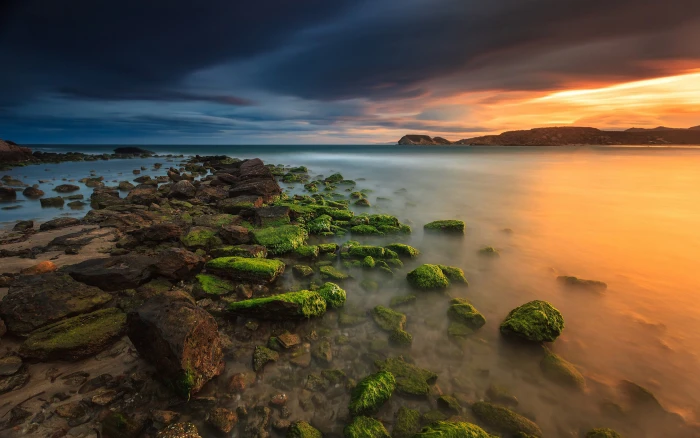 Sunset In Spain Coast Rocks With Green Moss Sea Reflection On Red Sky Water Hd Wallpapers For Mobile Phones And Computer 2k 4k