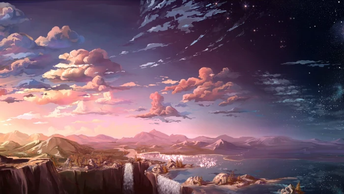 waterfall and sea digital painting scenery of nature cartoon illustration 2k 4k 5k