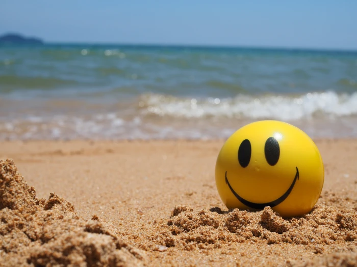 yellow emoji ball sand sea wave beach summer the smile 2k 4k 5k