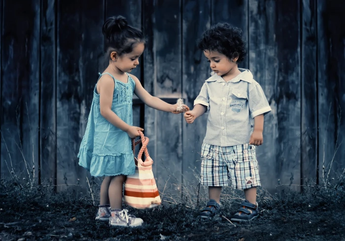 Boy and Girl Standing Near Wooden Wall baby children cute 2k 4k 5k