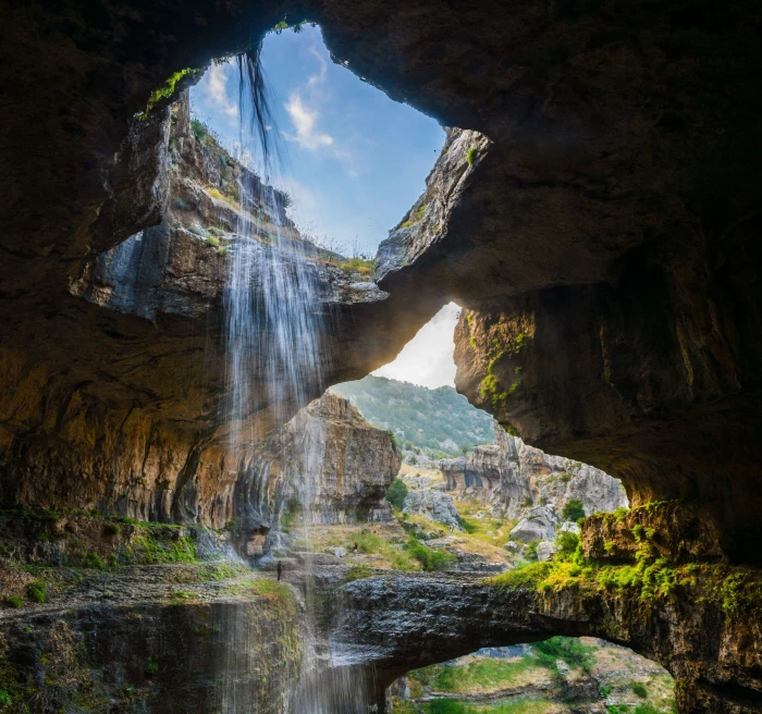 cliff with waterfalls cave gorge Lebanon erosion nature 2k