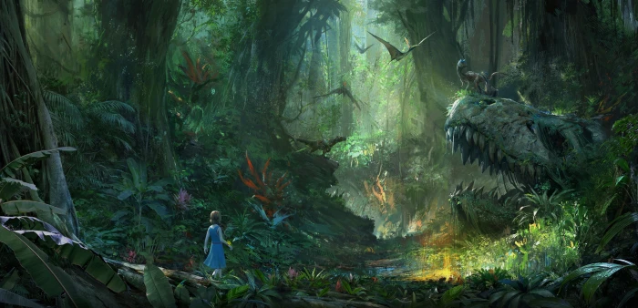 forest illustration green light sake girl fantasy trees 2k