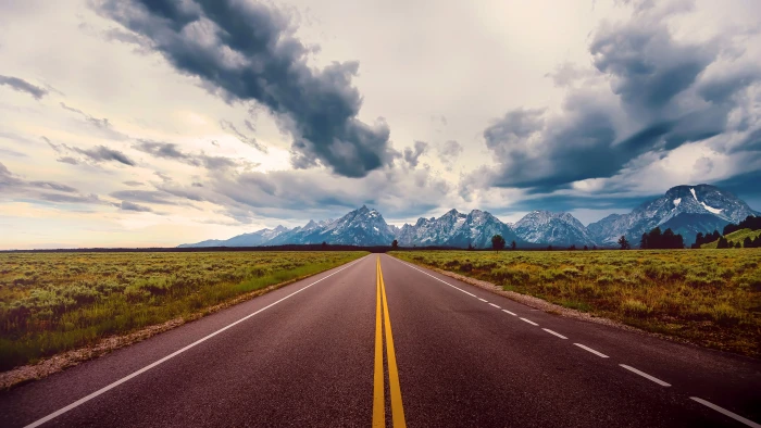 gray concrete road asphalt landscape clouds field nature 2k 4k