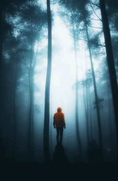 man standing between forest trees alone scenery fog night 2k 4k