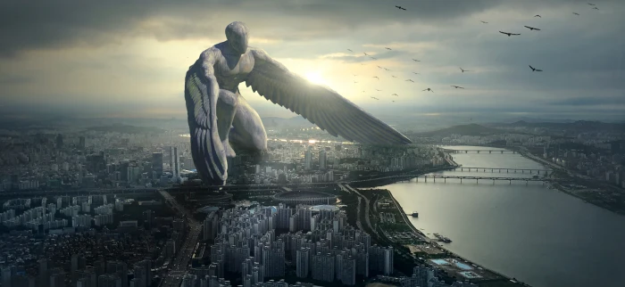 man with wings illustration fantasy city angel giant mystical 2k 4k 5k