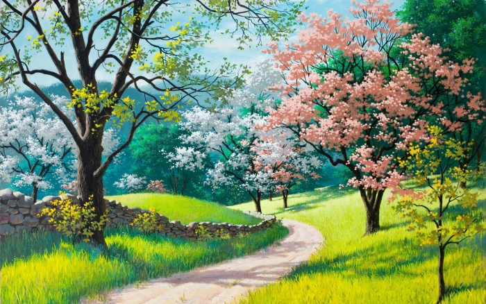 Spring Blossoms Painting pathway in between trees illustration 2k