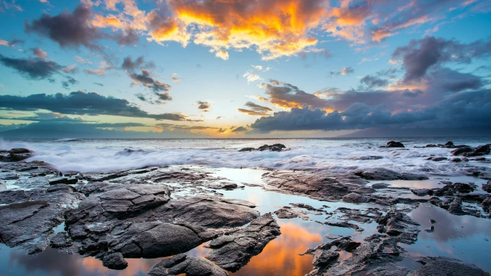 sunset sea sky hawaii shore ocean coast horizon wave 2k 4k