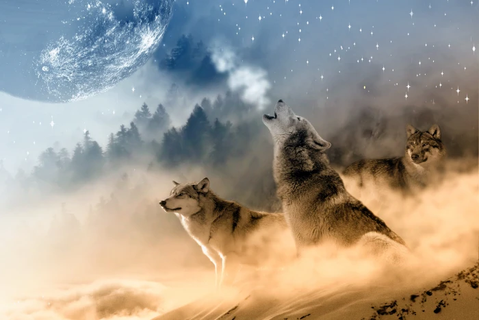 three wolves on snow howling in night during full moon wolf 2k 4k 5k