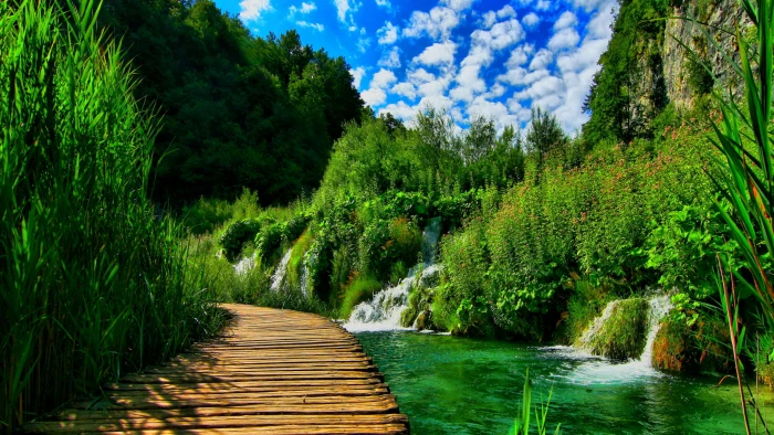Waterfall Mountain valley river nature pic 2k