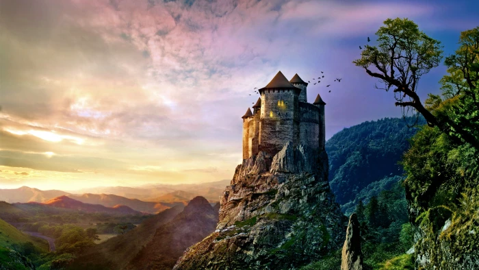 brown castle on hill painting architecture ancient nature 2k 4k