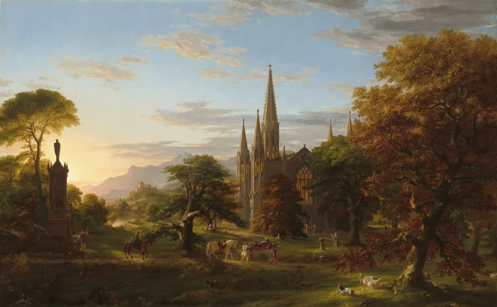 brown stone castle painting nature landscape artwork trees 2k 4k