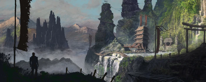digital art warrior samurai landscape temple Asia mountains 2k 4k 5k