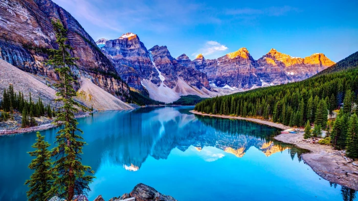 landscape mountains scene scenery lake reflected forest 2k 4k