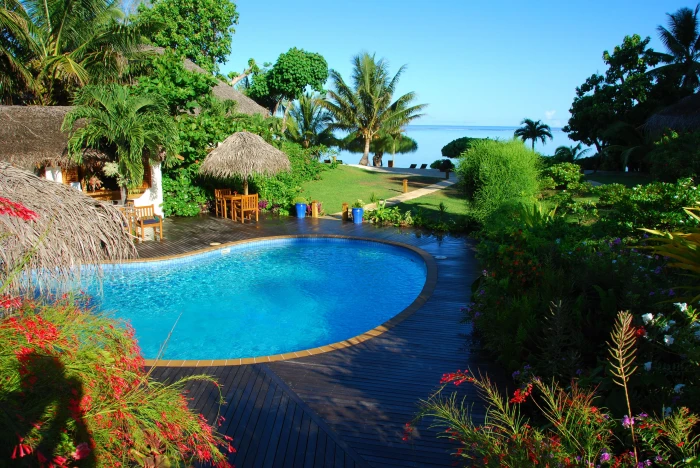 Beautiful Tropical Pool islands jacuzzi trees beach water 2k 4k