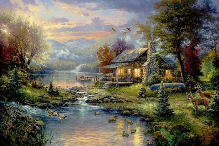 house surrounded by trees near body of water forest mountains 2k