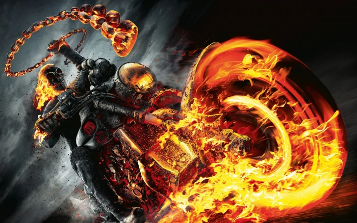 Marvel Ghost Rider digital wallpaper fire motorcycle burning 2k 4k