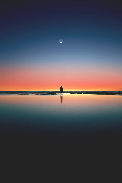 Moon Sunset Silhouette Beach Sea Alone Horizon 2k 4k