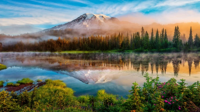Mount Rainier And Bench Lake National Park Washington Us State Sunrise Spring Landscape Desktop Hd Wallpaper For Mobile Phones Tablet Laptop 2k 4k