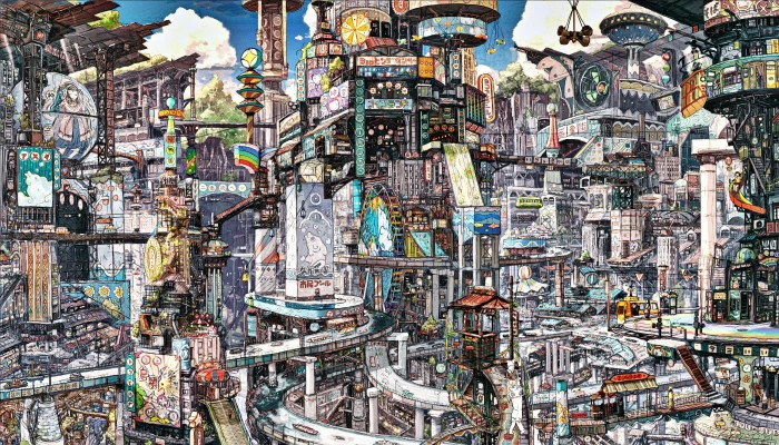 multicolored painting future city illustration anime cityscape 2k