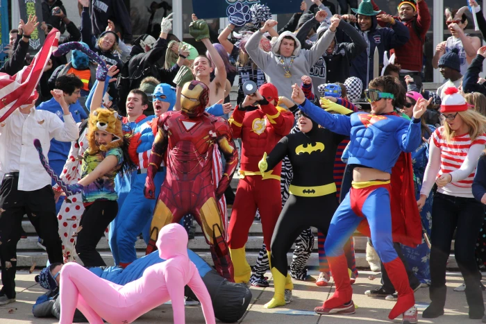 Superhero costumes harlem shake dance meme people crowd 2k 4k 5k