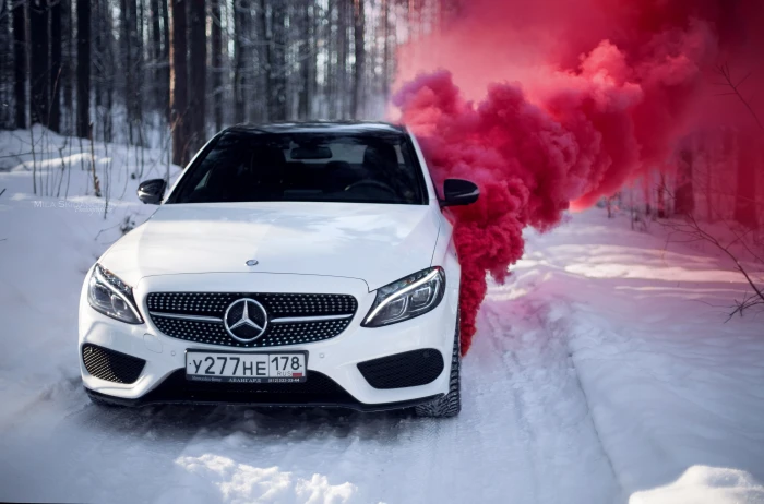 white Mercedes Benz car winter machine auto city fog race 2k 4k 5k
