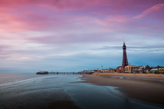 blackpool tower promenade sunset seascape landscape beach 2k 4k 5k 8k