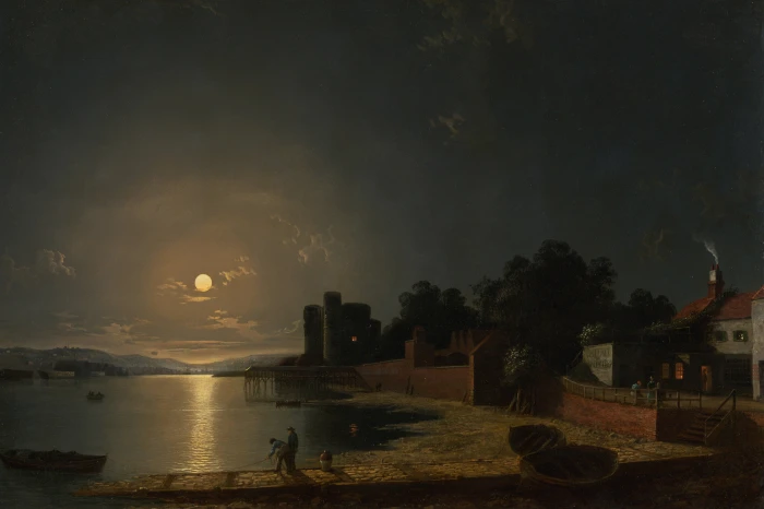 boat in body of water near town painting henry pether oil on canvas 2k 4k 5k