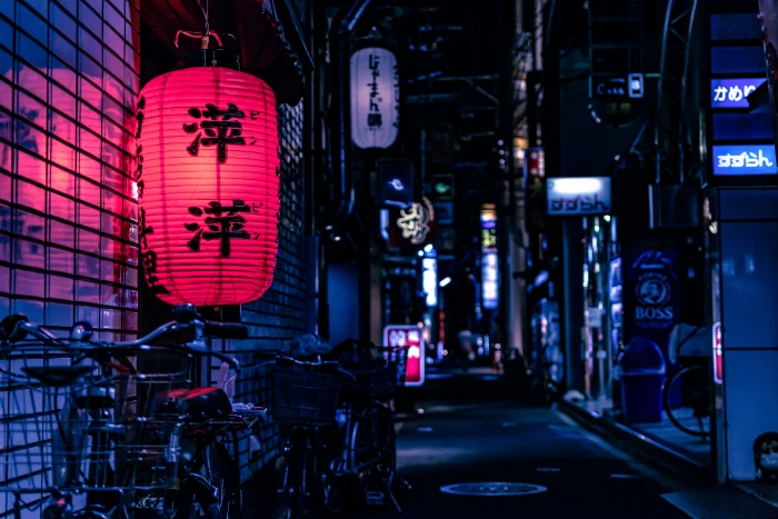 Japanese lantern over city bike at nighttime red and black paper 2k 4k 5k