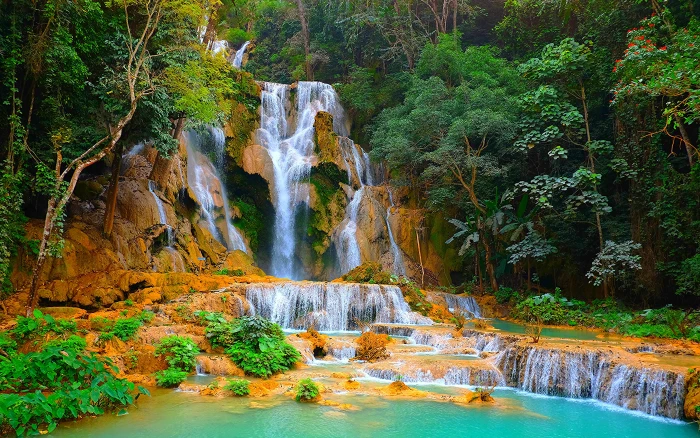 Kuang Si Falls Or Tat Waterfalls In Laos Crag Ultra Hd Wallpapers For Mobile Laptop And Tablet 2k 4k