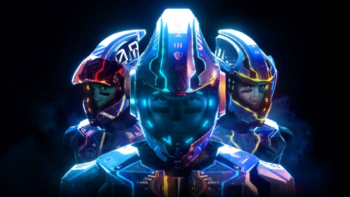 photo fo three man in blue LED armor Laser League poster 2k 4k 5k 8k