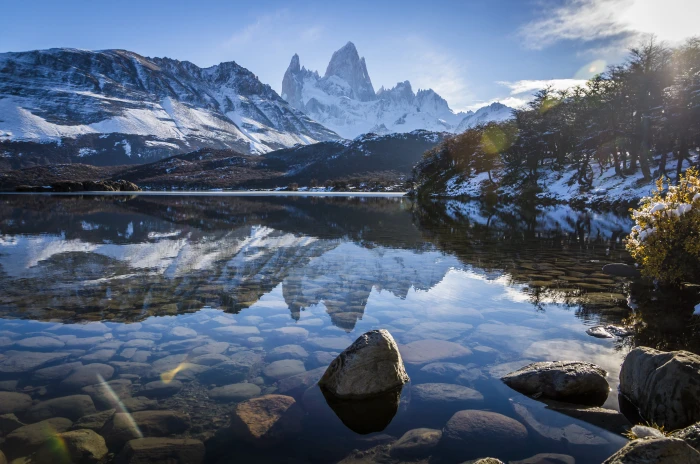 silent body of water beside trees under cloudy blue sky fitz roy argentina 2k 4k 5k