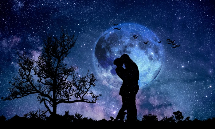 silhouette of man and woman during night time moon couple blue 2k 4k 5k