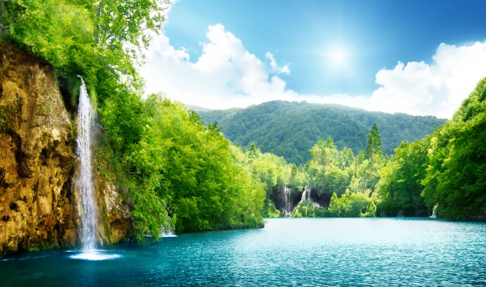 waterfalls and trees digital wallpaper sea the sky clouds 2k 4k 5k