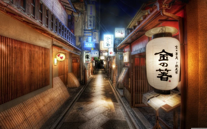 white Chinese lanterns Japanese corridor with cityscape 2k 4k 5k