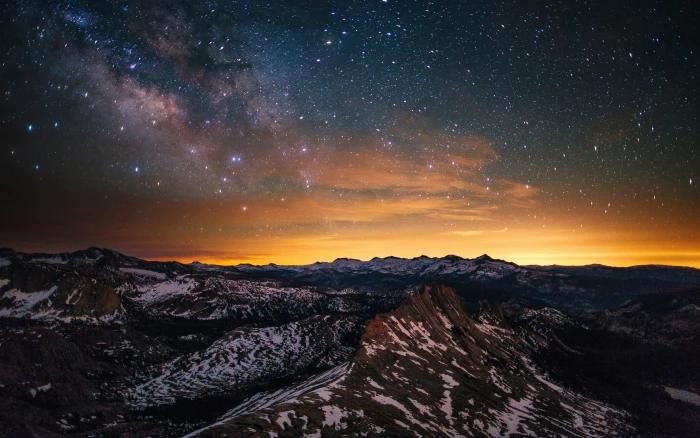 Yosemite Snow Mountains Stars Sky HD Desktop nature photography of mountains under starry night 2k 4k