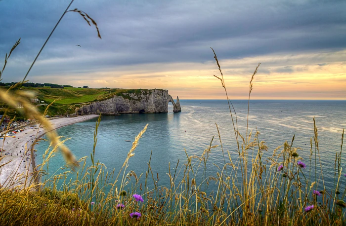 cliff with beach shore under cumulus clouds ETRETAT NORMANDY 2k 4k 5k