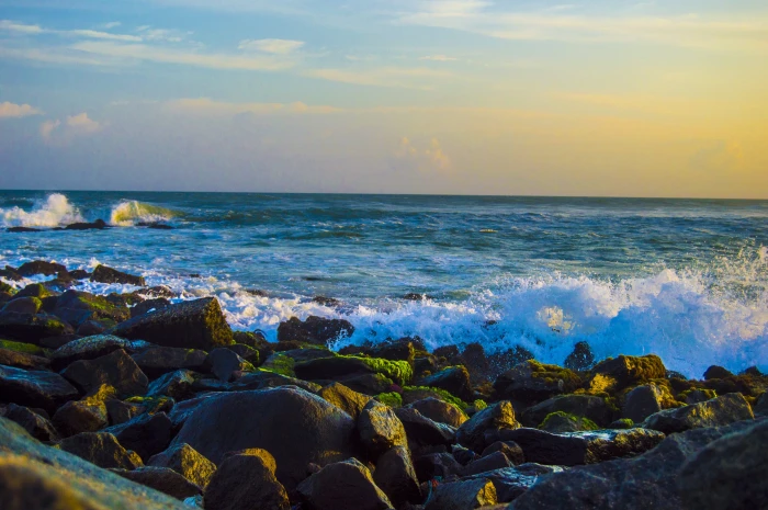india kanyakumari beach sea water waves sky 2k 4k 5k