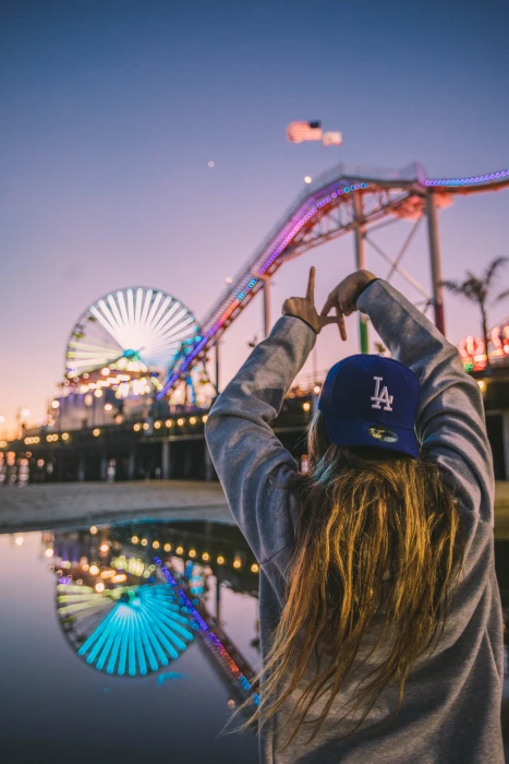 sunset beach socal cali cap girl hat amusement park 2k 4k