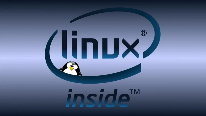Linux inside logo GNU Intel communication text western script 2k