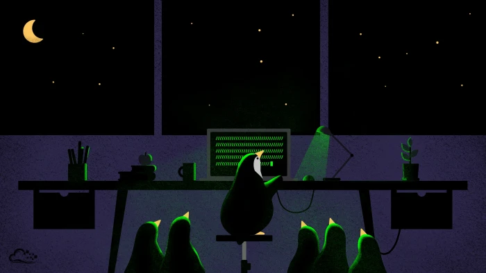 penguins near black desk illustration digitalocean night computer 46 2k