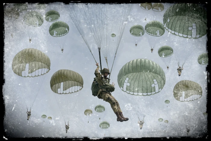 people in parachute painting the sky clouds retro art soldiers 2k 4k