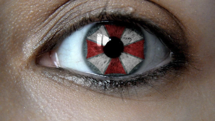 red and white umbrella contact lens Umbrella Corporation Resident Evil