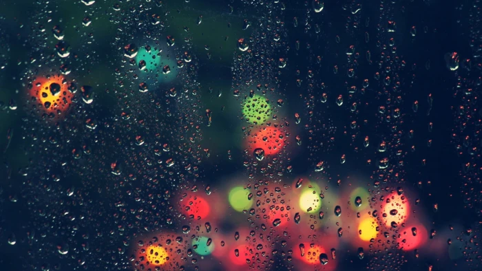 bokeh blurred depth of field lights water drops glass 2k